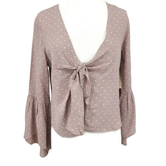 New Flynn Skye Knot Your Business Top Womens S Mauve Cluster Floral Bell Sleeves - Picture 1 of 6